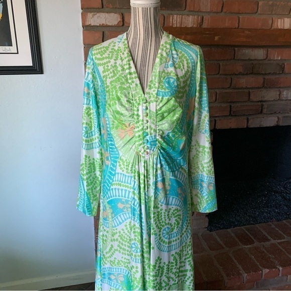 VTG Rona New York by Saks Fifth Avenue Green Retro Paisley Flower Maxi Dress - Picture 2 of 10
